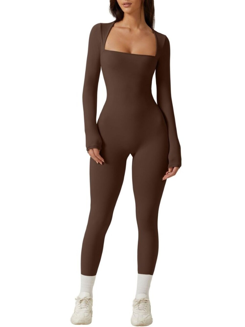 Womens Sexy Square Neck Long Sleeve Full Length Leggings Bodycon Stretch